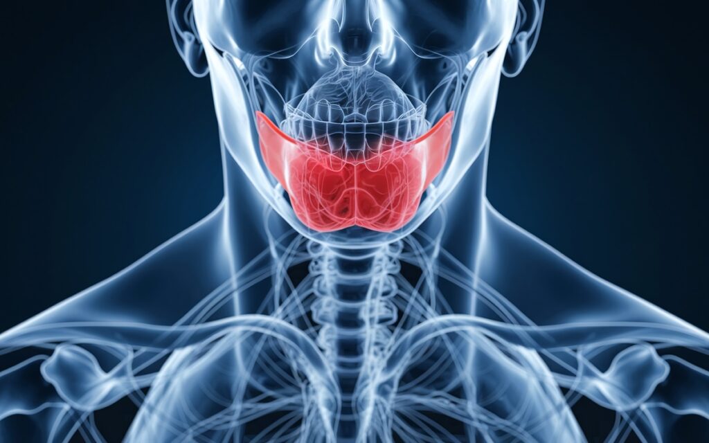 X-ray of a human mandible, with the lower jaw bone highlighted in red.